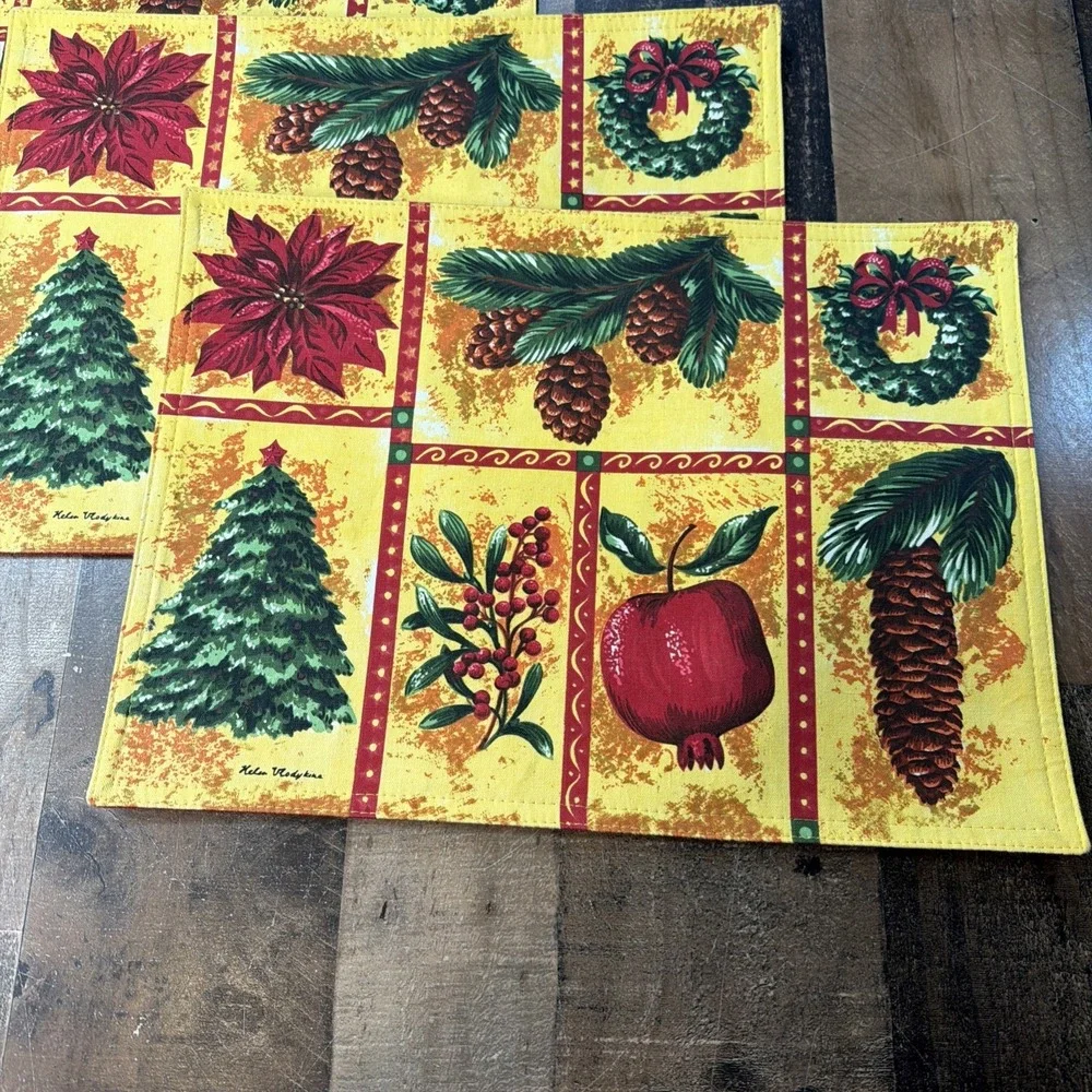 Vintage Helen Vladykina Christmas Linen Placemats Set of 4 Festive Botanical Art
